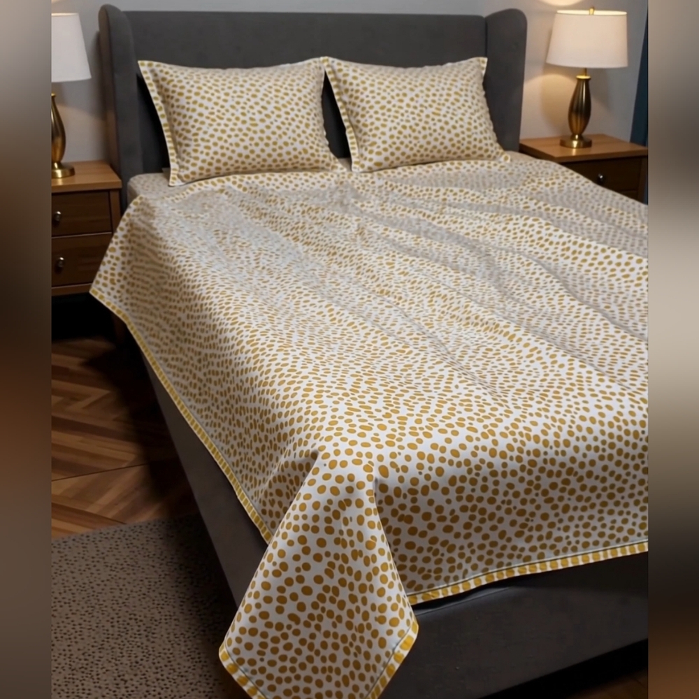 Polka Dot Full Size Yellow Fitted Sheet & Pillow Cases